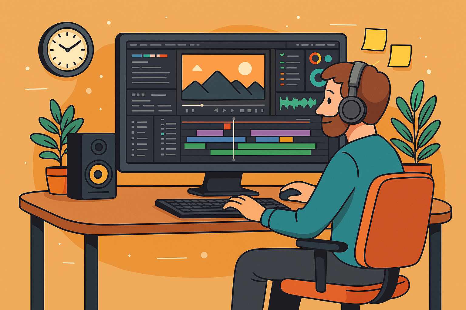 Cartoon illustration of a film editor working at a desk